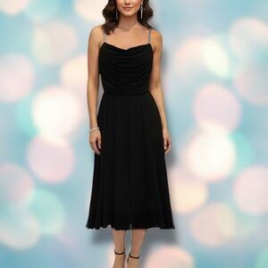 Women’s Black Cowl Neck Ruched Rhinestone Strap Cocktail Dress Size 12 Petite